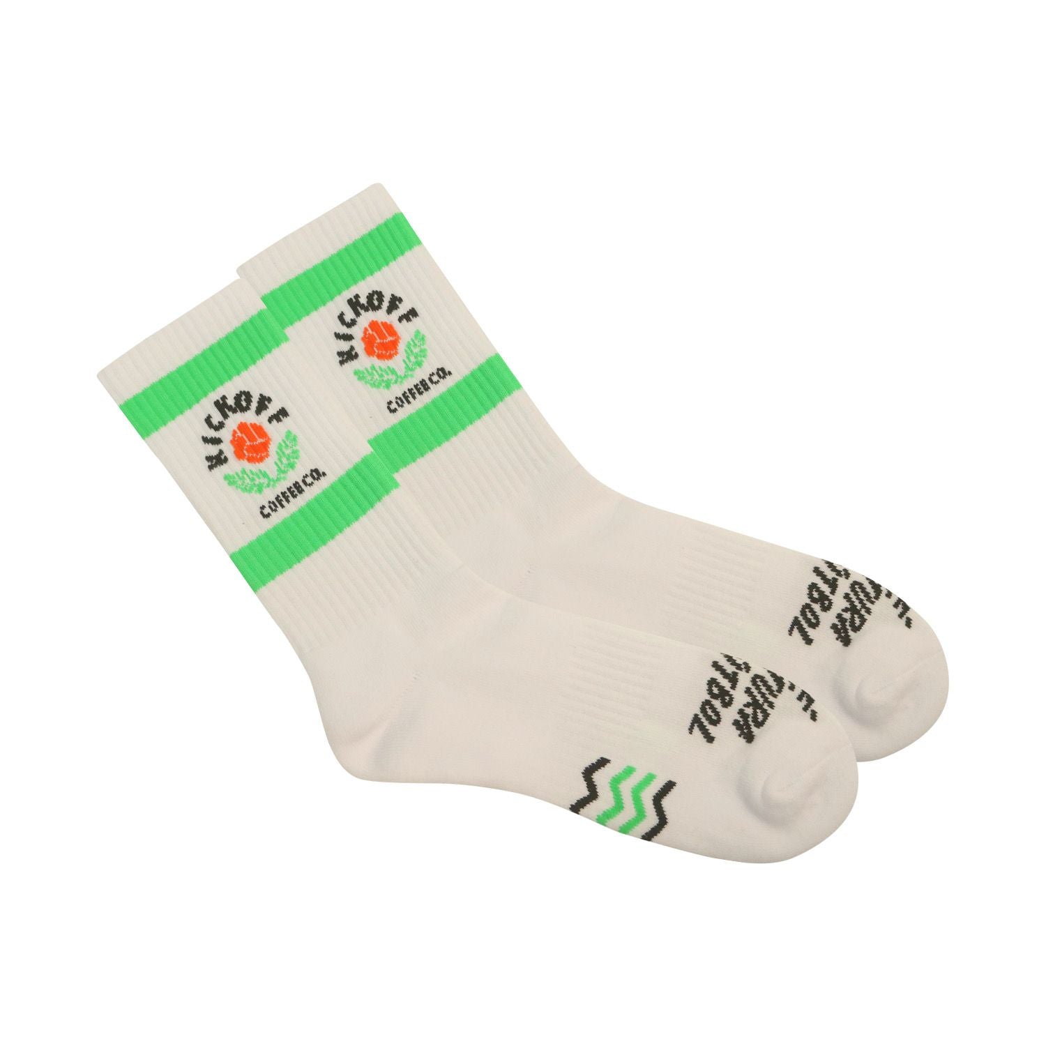 white pair of vintage-style crew socks with green hoops and kickoff coffee co. logo.