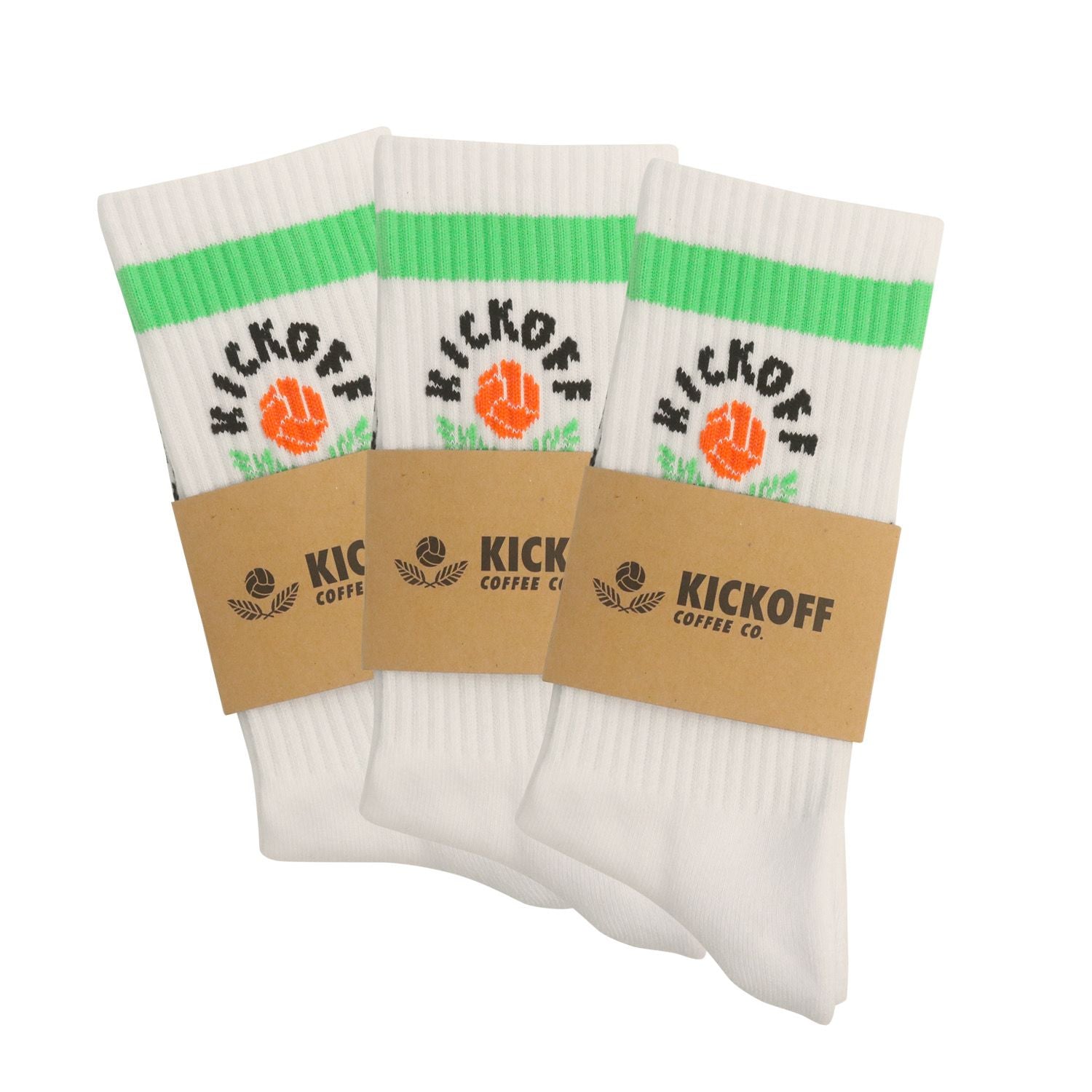 three pairs of white vintage-style crew socks with green hoops and kickoff coffee co. logo