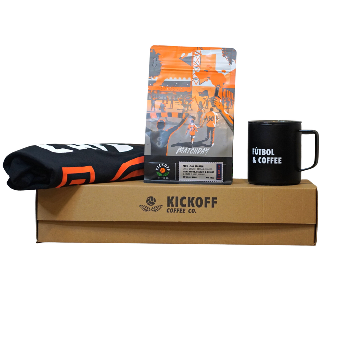 Gift box with Cafe 10 shirt, 12oz coffee bag and black travel mug