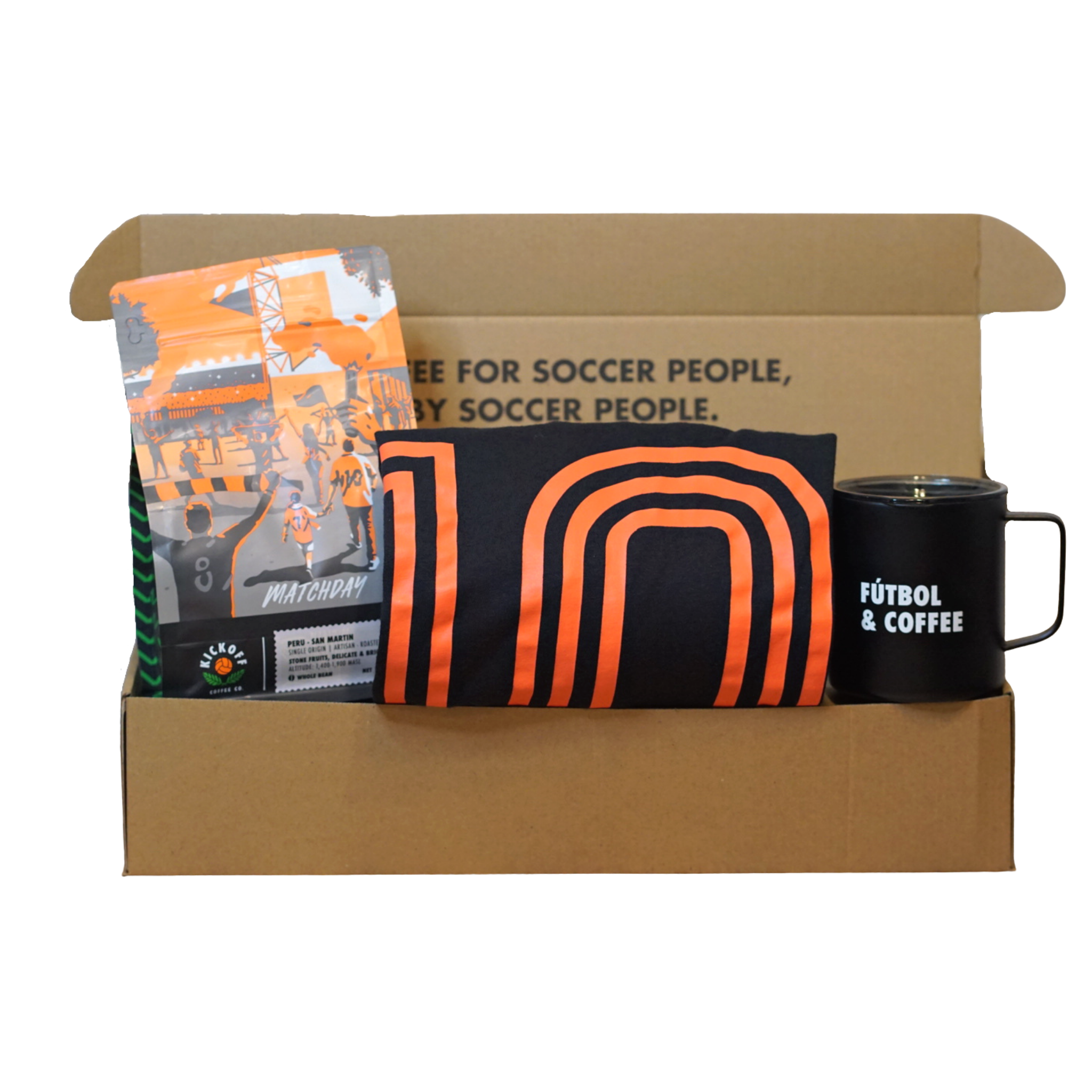 Gift box with 12oz bag coffee, Cafe 10 t-shirt and travel mug 