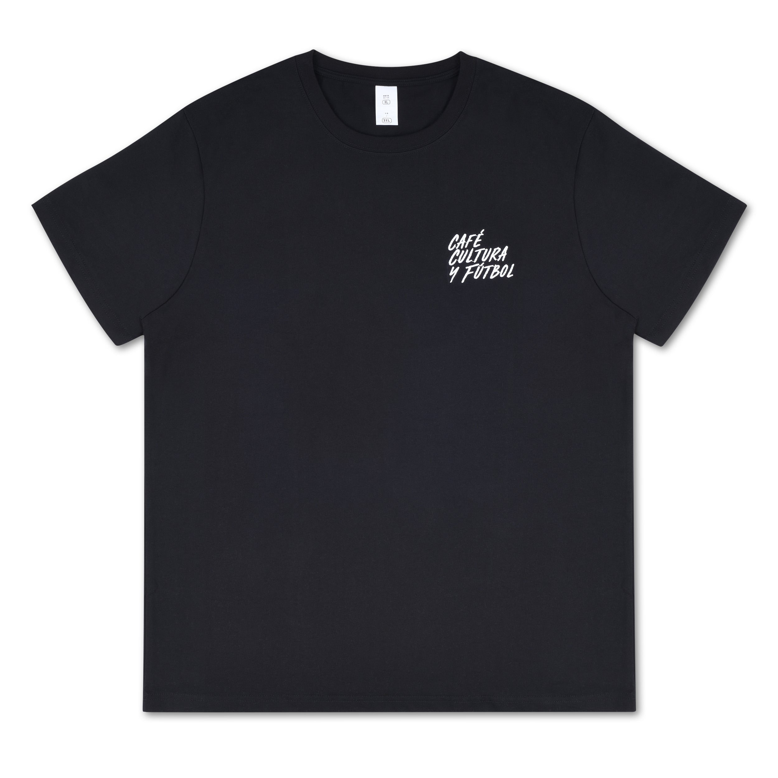 Black t-shirt with cafe, cultura, y futbol logo on the front 
