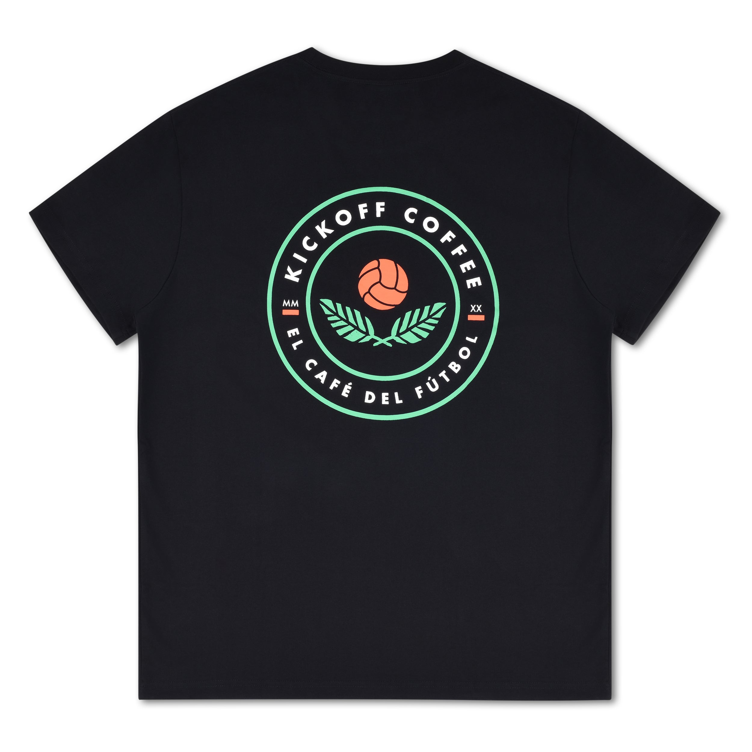 Black t-shirt with circle kickoff logo in the back