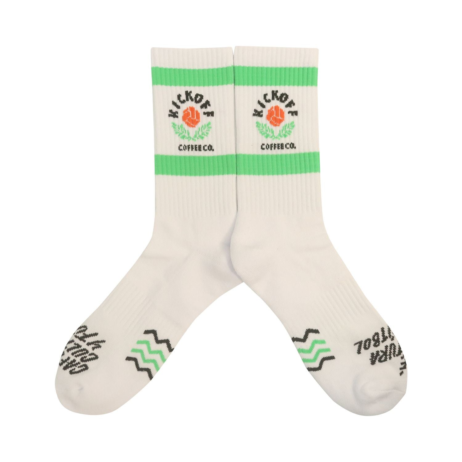 white pair of vintage-style crew socks with green hoops and kickoff coffee co. logo 